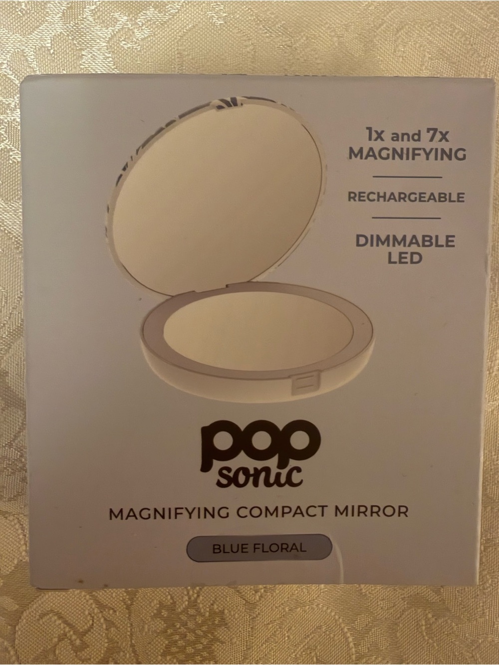Pop Sonic LED Compact Mirror in a blue floral pattern featuring dimmable lights - Picture 2 of 4